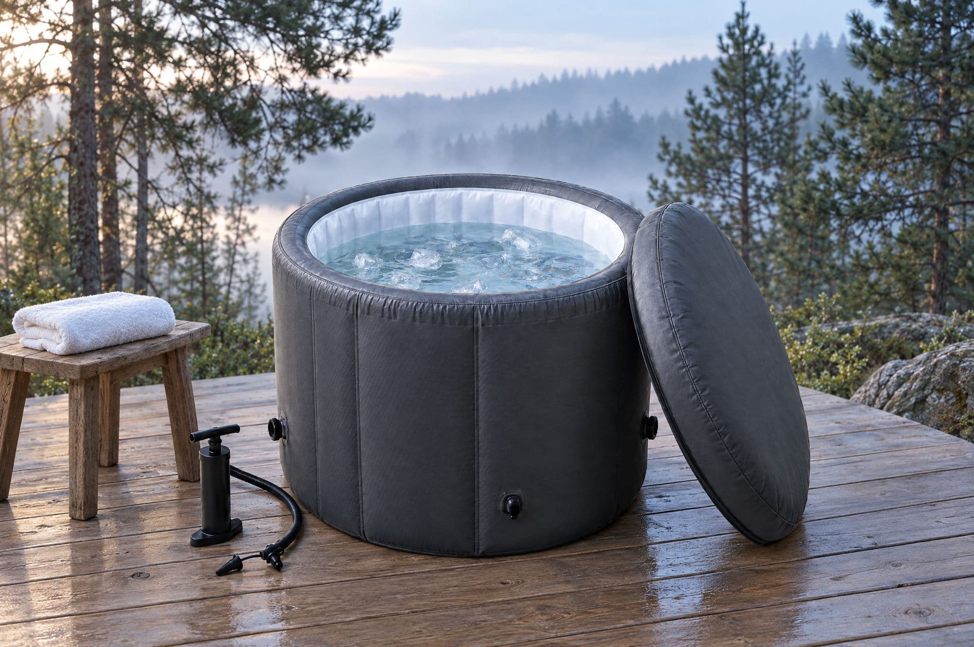 Le tonneau Bise sur une terrasse en bois entourée de pins, à l'aube, des glaçons flottant dans l'eau