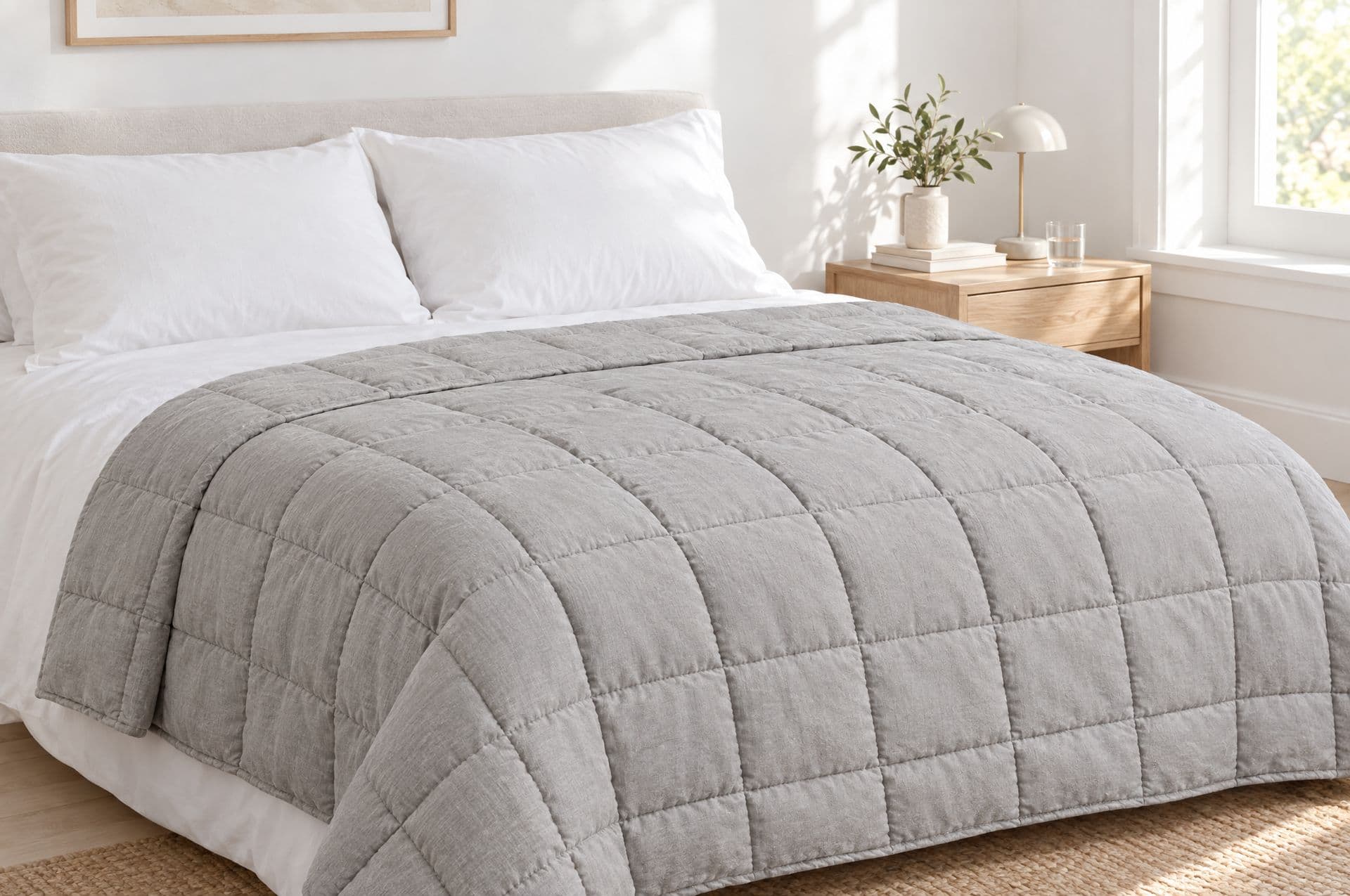 La couette Zéphyr étendue sur un lit aux draps blancs, dans une chambre claire baignée de lumière matinale