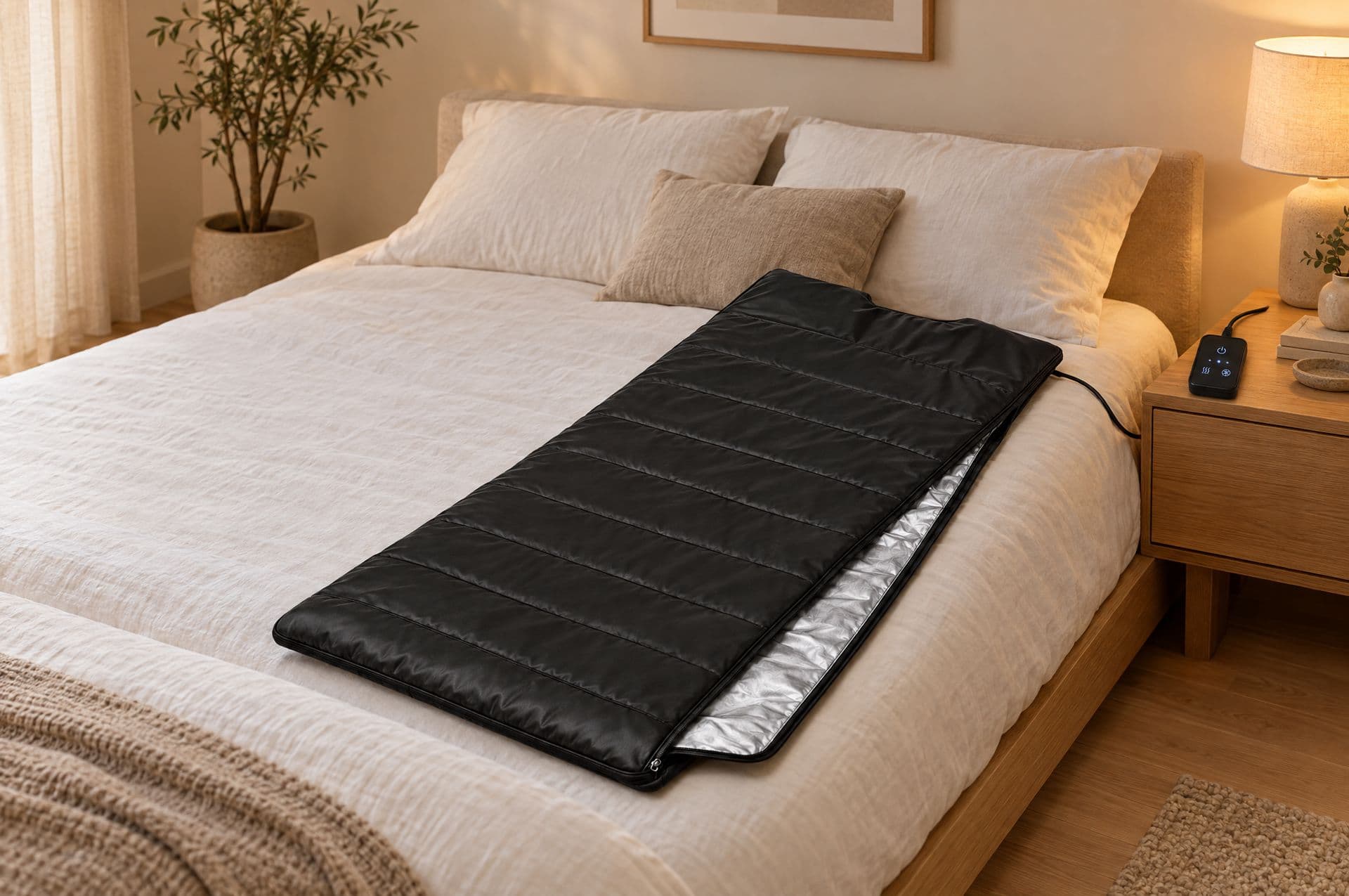 La couverture Simoun dépliée sur un lit bas en lin blanc, son boîtier posé sur la table de chevet, à la lumière d'une lampe