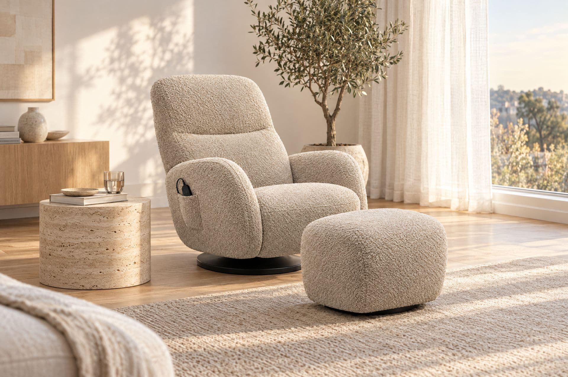 Le fauteuil Ponant et son repose-pieds dans un salon clair aux murs blancs, près d'une grande fenêtre et d'un olivier en pot
