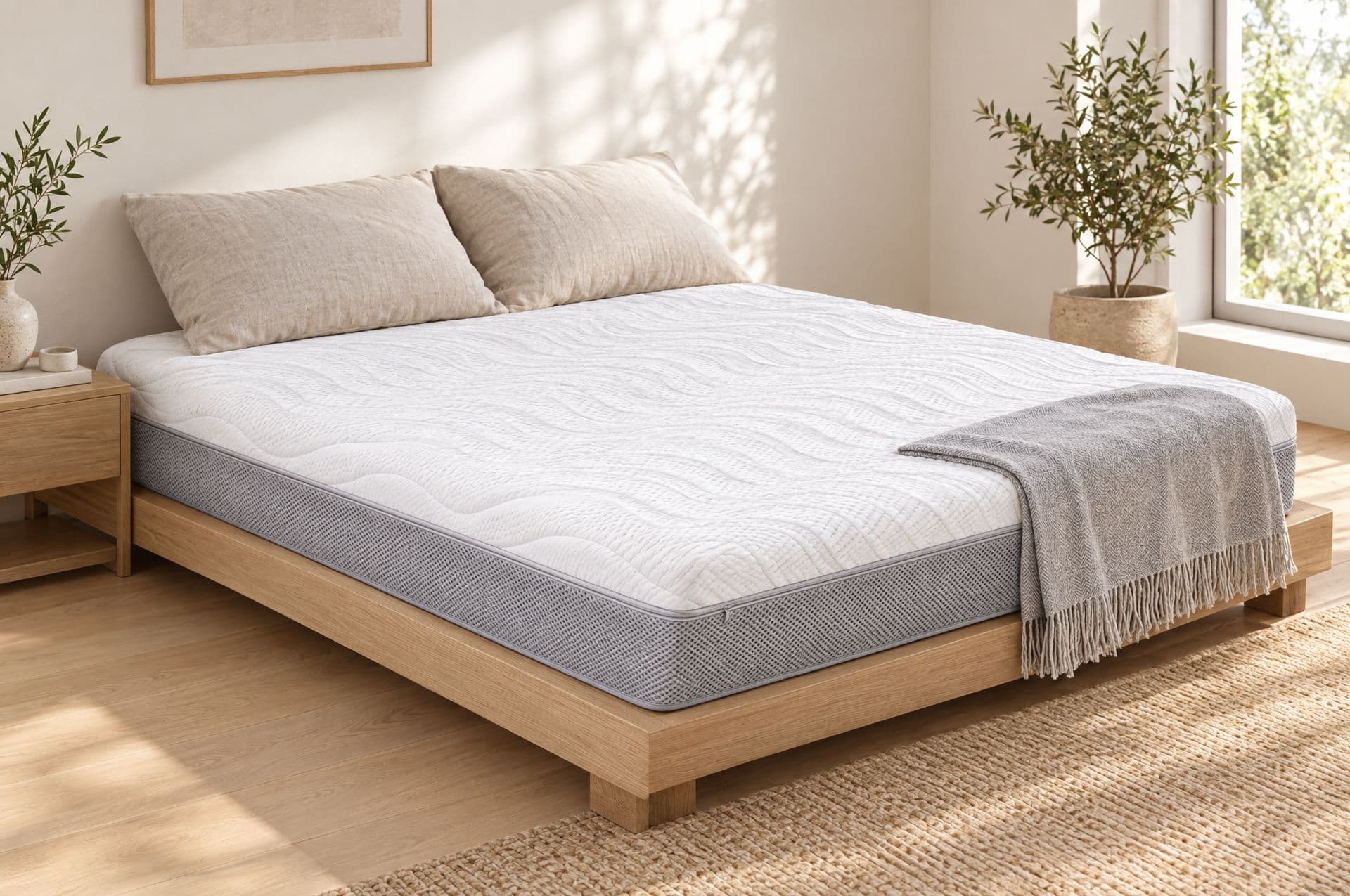 Le matelas Alizé sur un lit plateforme en chêne clair, des oreillers en lin à la tête, dans une chambre calme au petit matin
