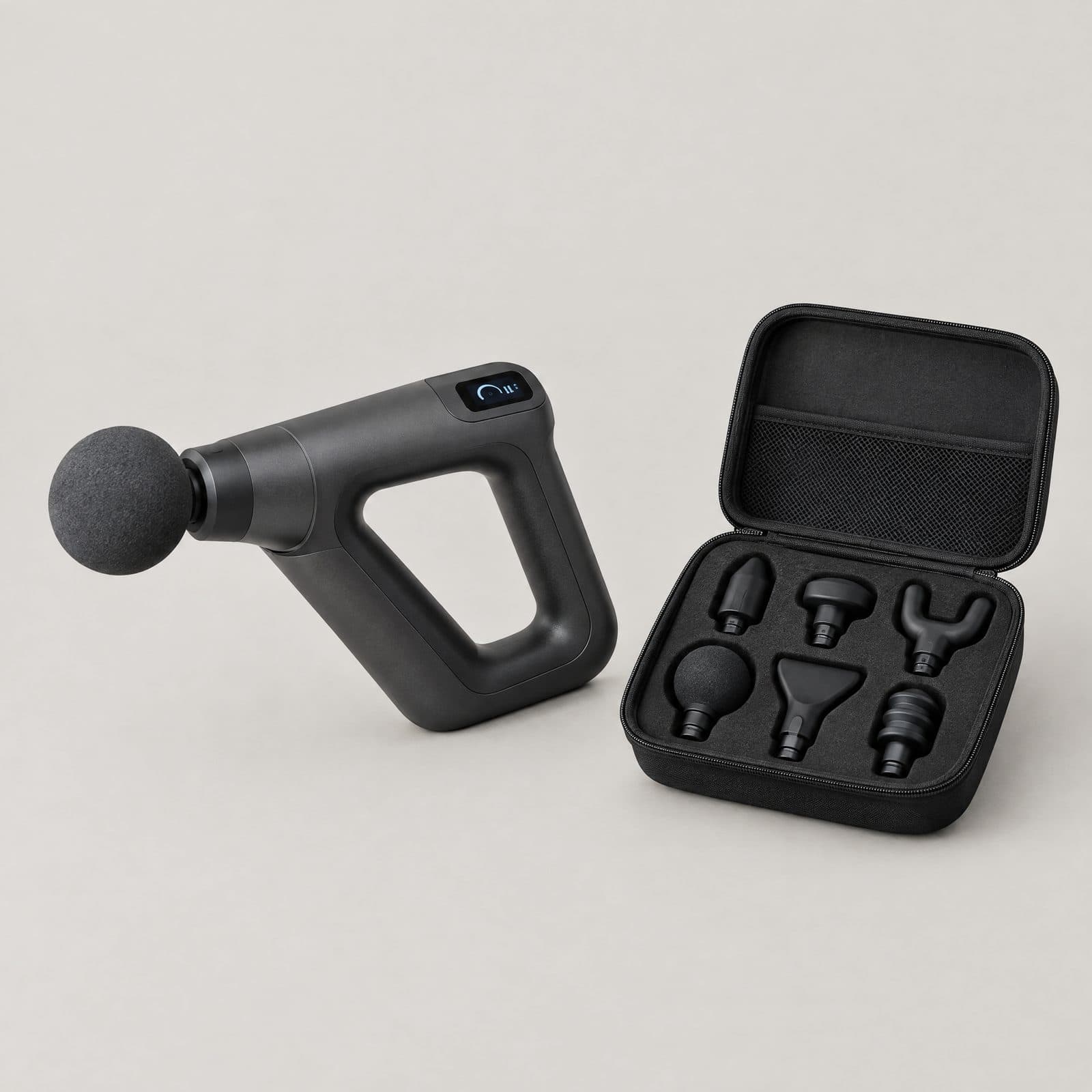 Pistolet de massage noir graphite à poignée triangulaire et boule en mousse, à côté de sa mallette rigide ouverte et de six embouts, sur fond gris clair