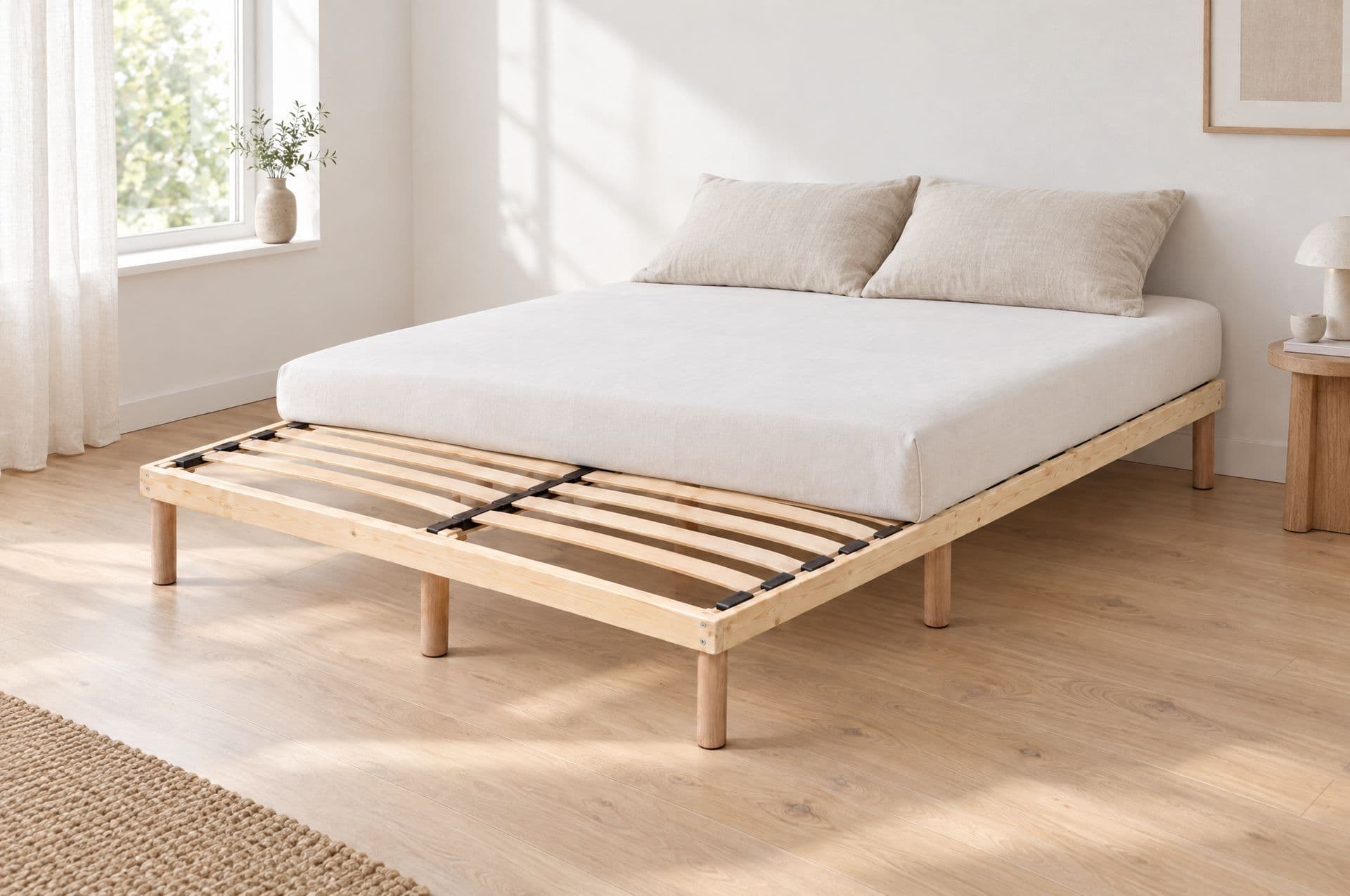 Le sommier Galerne dans une chambre blanche au parquet de chêne, un matelas blanc posé sur ses deux tiers