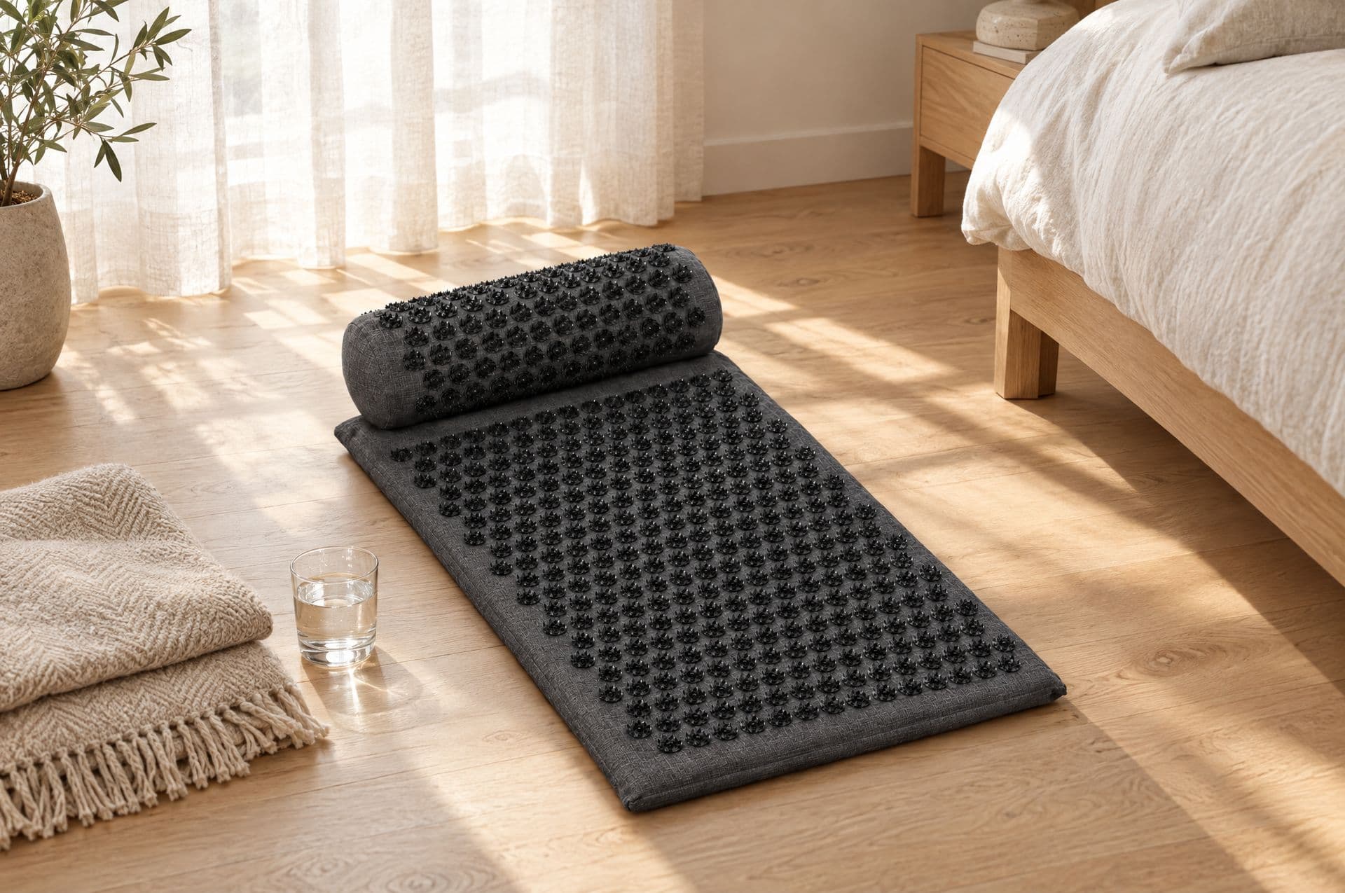 Le tapis Levant et son coussin posés sur un parquet de chêne clair, dans la lumière du matin filtrée par des rideaux de lin